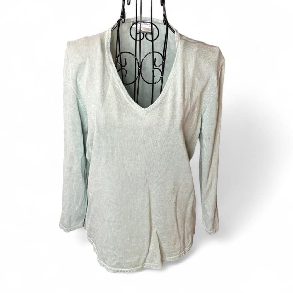 Sport Haley Silk Blend V-Neck Sweater Mint Green Medium Beaded Hem